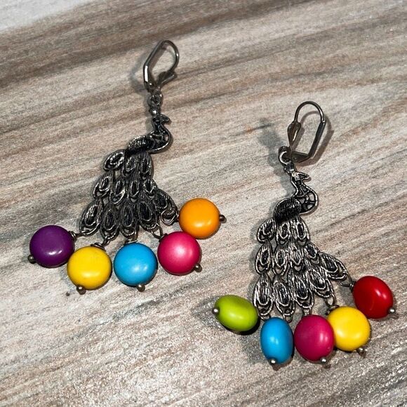 Peacock earrings woman’s 3” dangling multi colored animal bohemian  SilverTone - Picture 6 of 6